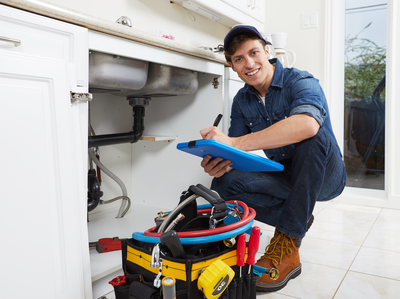 Licensed plumber documenting a plumbing inspection under a kitchen sink in the Inland Empire